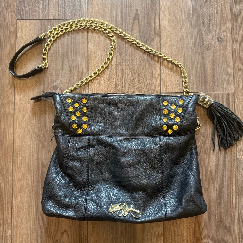 Betsey Johnson Black Leather Hobo Shoulder Bag with Gold Chain